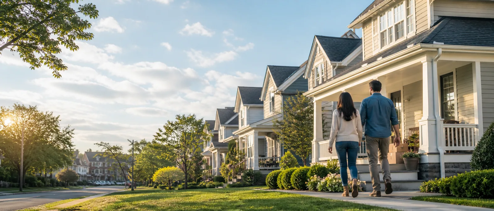 A couple walks to a home in a friendly neighborhood.